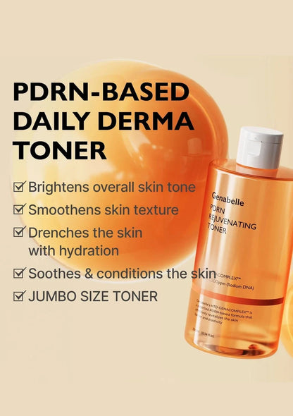 PDRN-based daily derma toner with product and benefits listed on a beige background