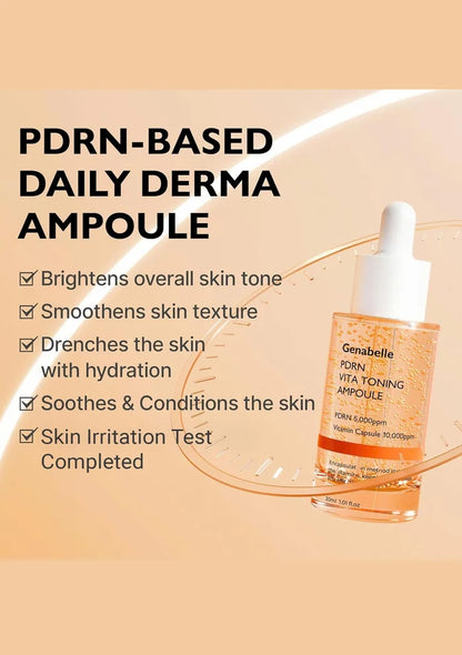 Gamelie PDRN-based daily derma ampoule with product details on a beige background