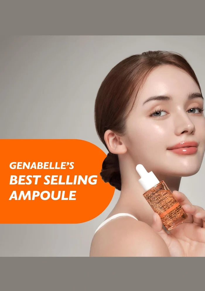 Woman holding a Genabelle ampoule with an orange label on a gray background