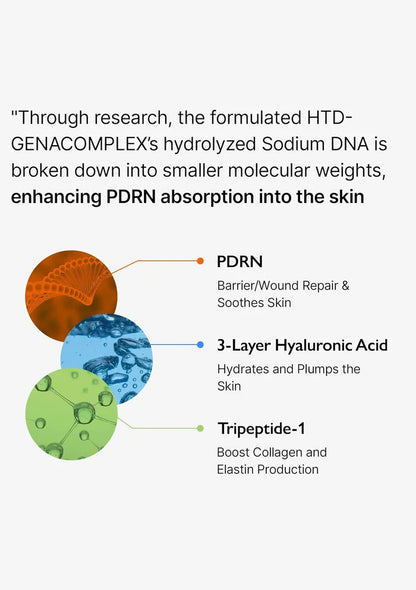 Diagram of HTD-GENACOMPLEX's hydrolyzed Sodium DNA components and their functions on a white background.