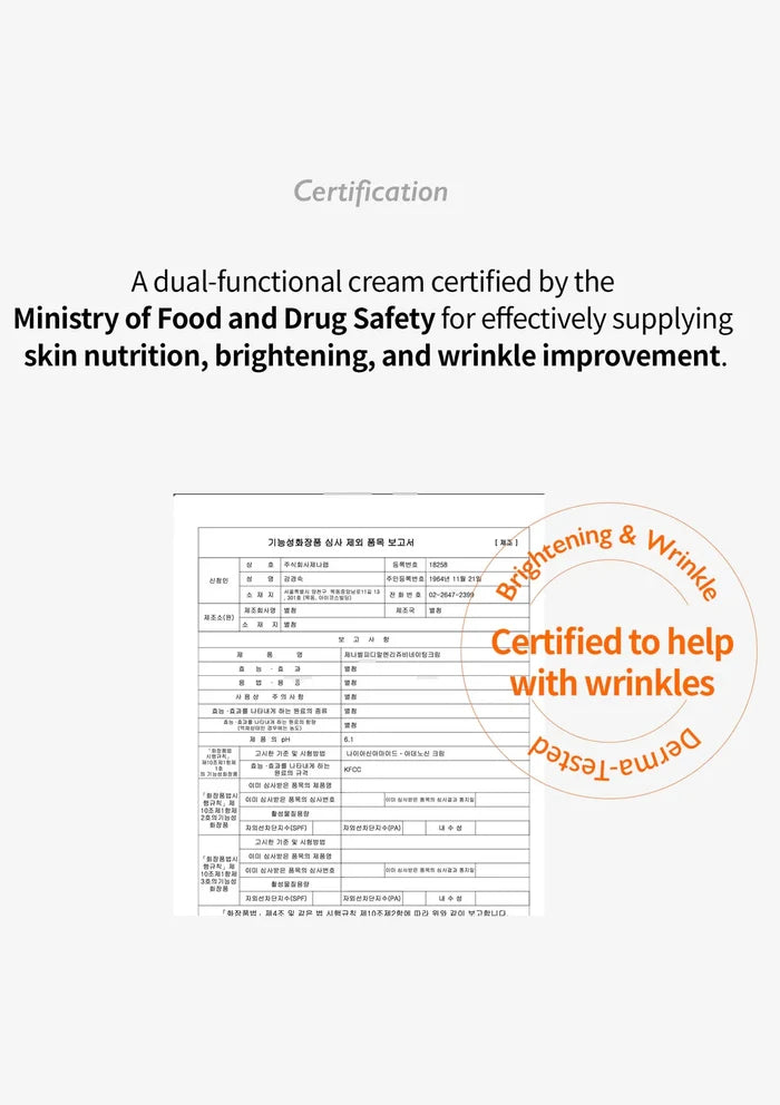 Certification text for a dual-functional cream with skin nutrition, brightening, and wrinkle improvement claims.