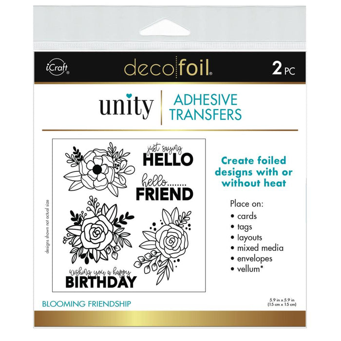 Gina K. Designs - Deco Foil Adhesive Transfer Sheets - Blooming Friendship. Make your mark with Deco Foil Adhesive Transfers designs and coordinating words in the signature Unity style. Available at Embellish Away located in Bowmanville Ontario Canada.