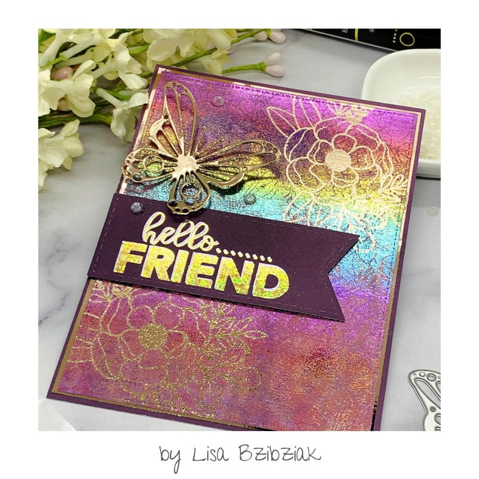 Gina K. Designs - Deco Foil Adhesive Transfer Sheets - Blooming Friendship. Make your mark with Deco Foil Adhesive Transfers designs and coordinating words in the signature Unity style. Available at Embellish Away located in Bowmanville Ontario Canada. Example by Lisa Bzibziak.