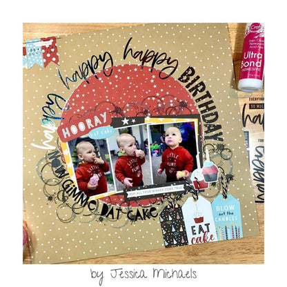 Gina K. Designs - Deco Foil Adhesive Transfer Sheets - Sentiments 1. Features bold Happy and Thanks designs, with other related words you can mix and match to create your desired message.  Available at Embellish Away located in Bowmanville Ontario Canada. Example by Jessica Michaels.