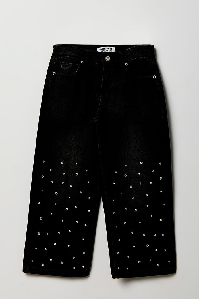 Girls Mid Rise Heart Studded Super Baggy Jean