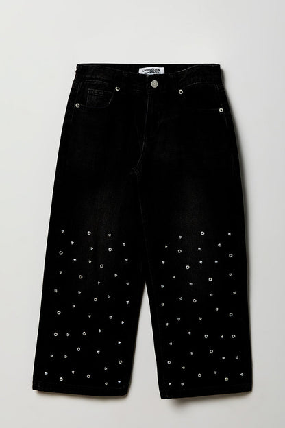 Girls Mid Rise Heart Studded Super Baggy Jean