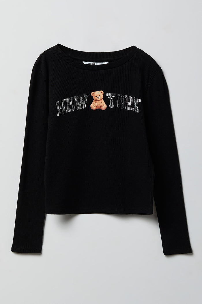 Girls Ribbed Rhinestone Long Sleeve Top