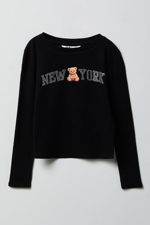 Girls Ribbed Rhinestone Long Sleeve Top