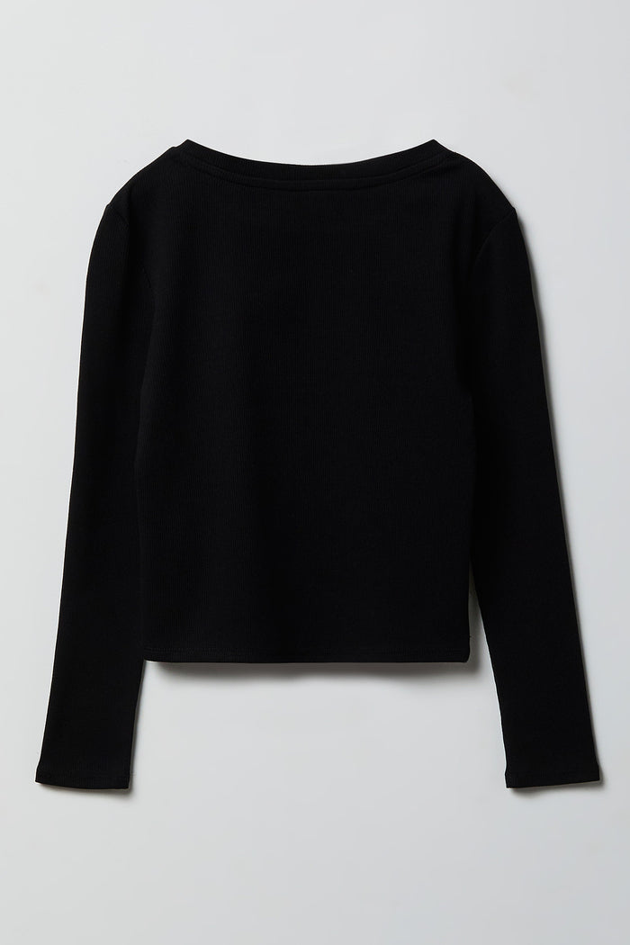 Girls Ribbed Rhinestone Long Sleeve Top