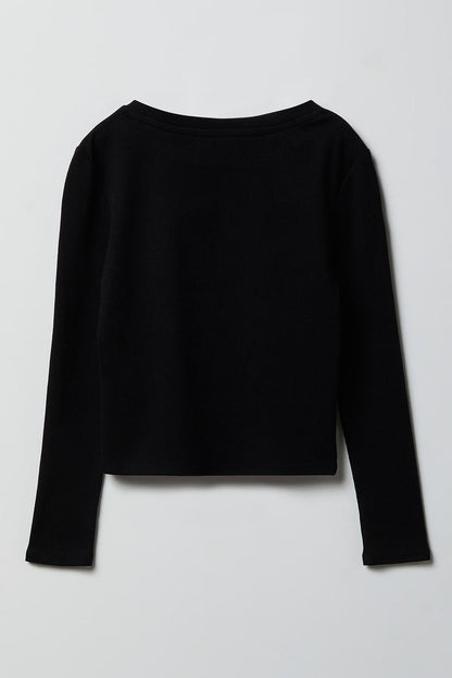 Girls Ribbed Rhinestone Long Sleeve Top
