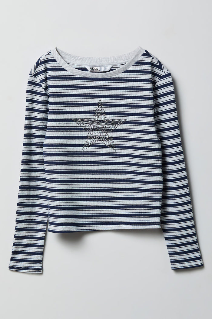 Girls Ribbed Rhinestone Long Sleeve Top