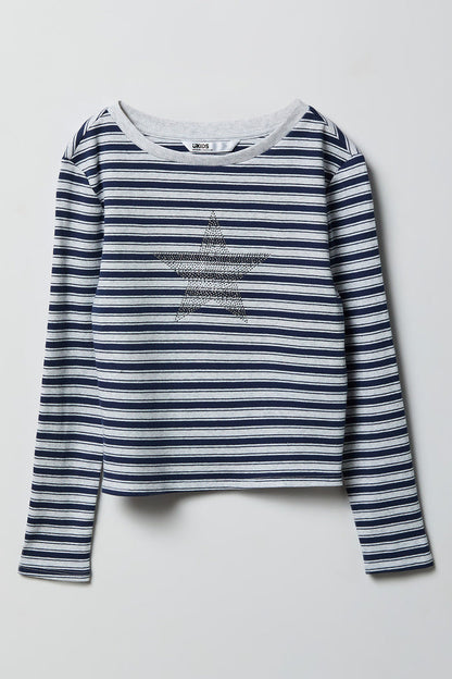 Girls Ribbed Rhinestone Long Sleeve Top
