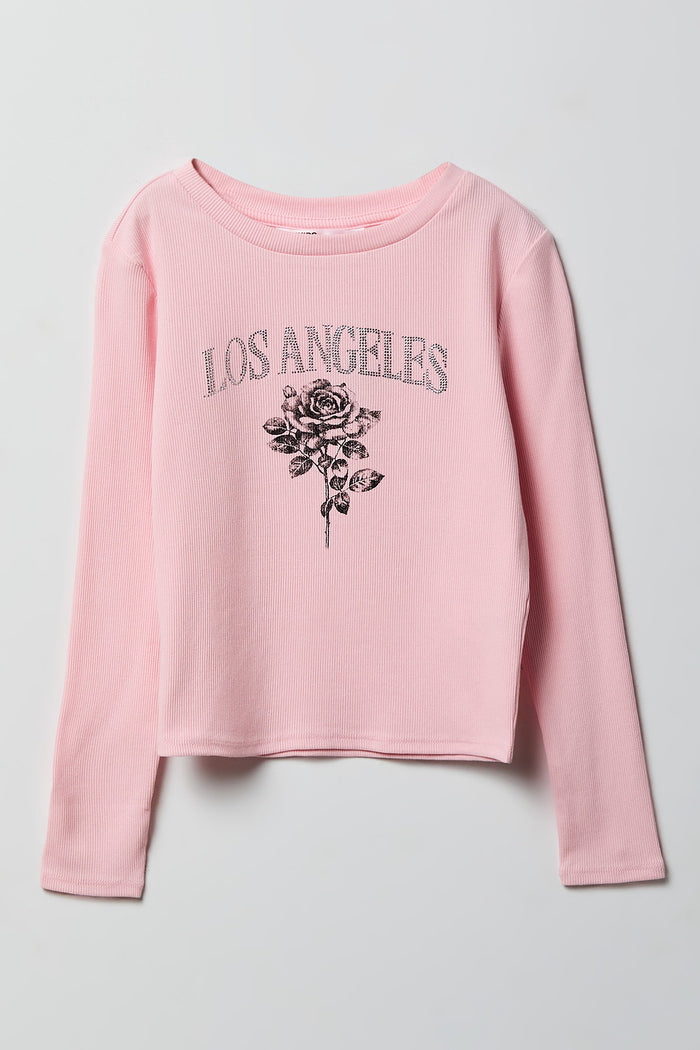 Girls Ribbed Rhinestone Long Sleeve Top