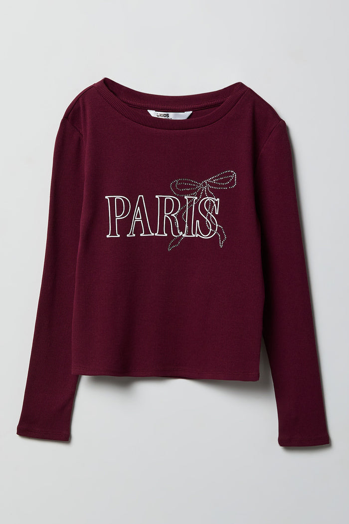 Girls Ribbed Rhinestone Long Sleeve Top