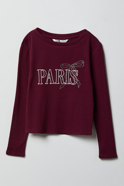 Girls Ribbed Rhinestone Long Sleeve Top