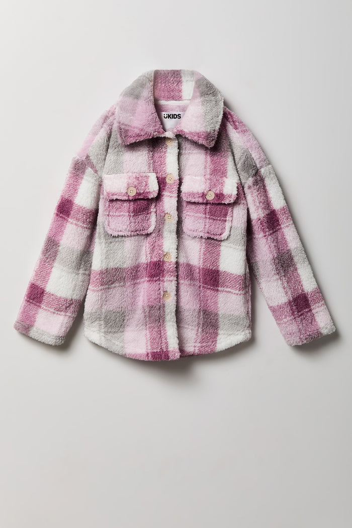 Girls Sherpa Plaid Shacket