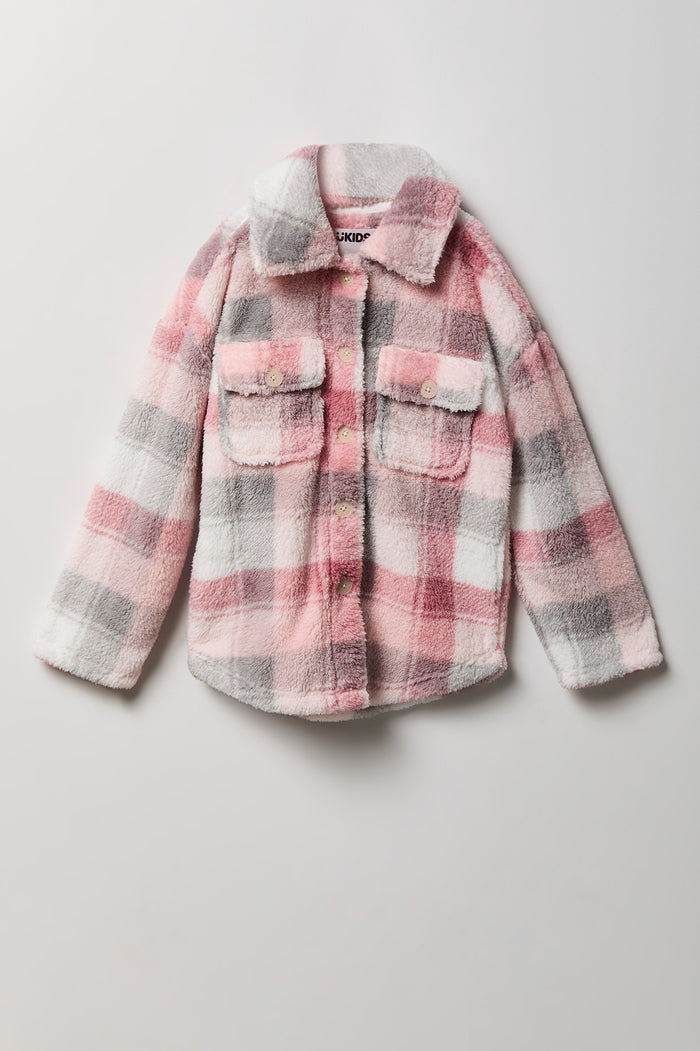 Girls Sherpa Plaid Shacket