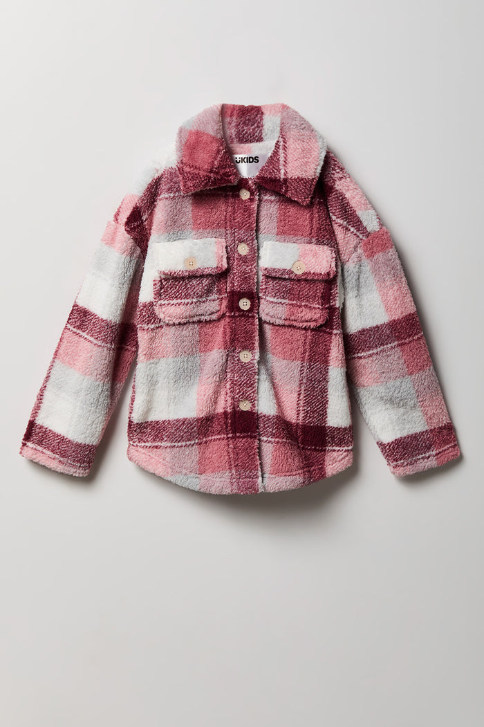 Girls Sherpa Plaid Shacket