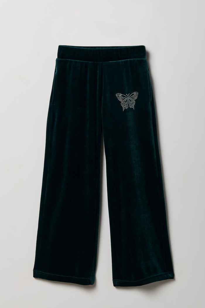 Girls Velour Rhinestone Wide Leg Pant