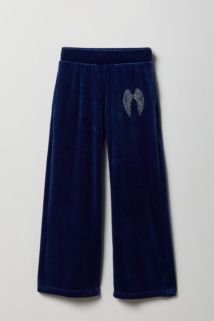 Girls Velour Rhinestone Wide Leg Pant