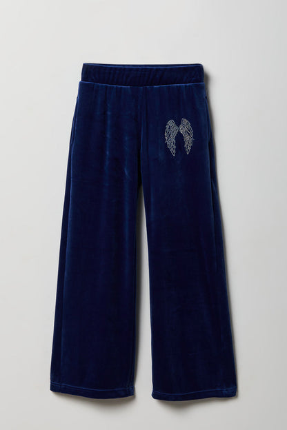 Girls Velour Rhinestone Wide Leg Pant