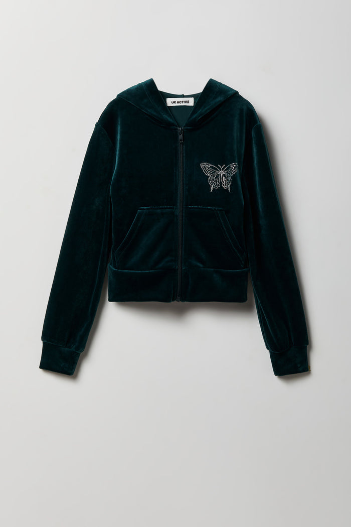 Girls Velour Rhinestone Zip Hoodie