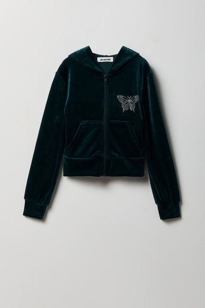 Girls Velour Rhinestone Zip Hoodie