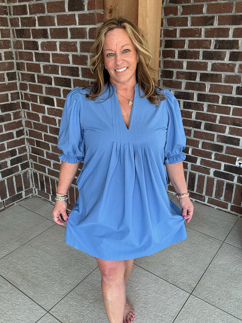 Glam Dusty Blue V-Neck Mini Dress
