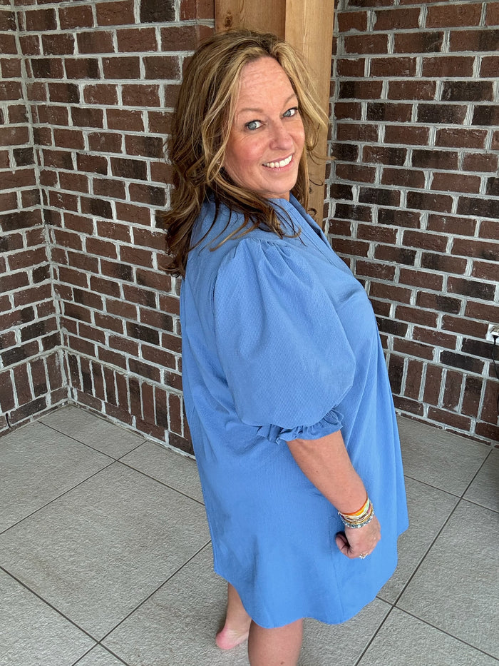 Glam Dusty Blue V-Neck Mini Dress