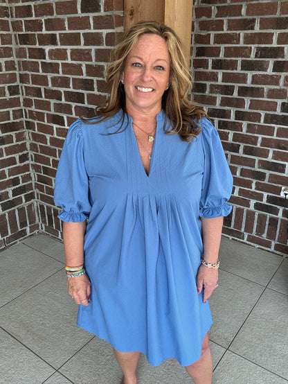 Glam Dusty Blue V-Neck Mini Dress