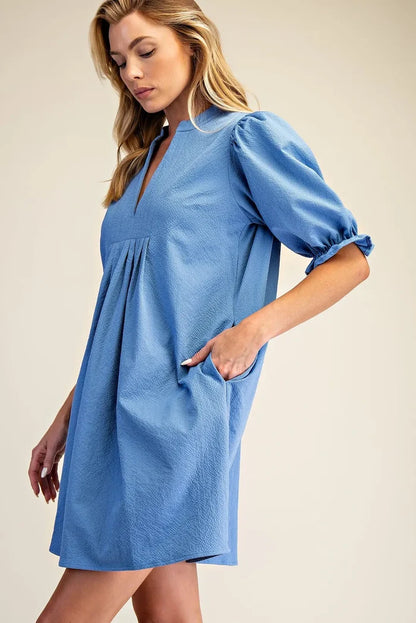Glam Dusty Blue V-Neck Mini Dress
