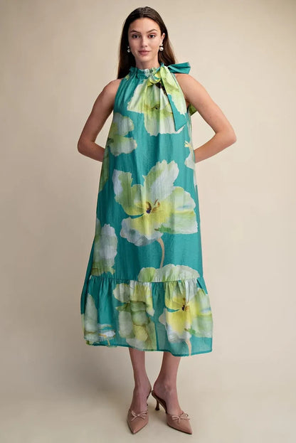 Glam Ruffle Neck Tie Floral Midi Dress