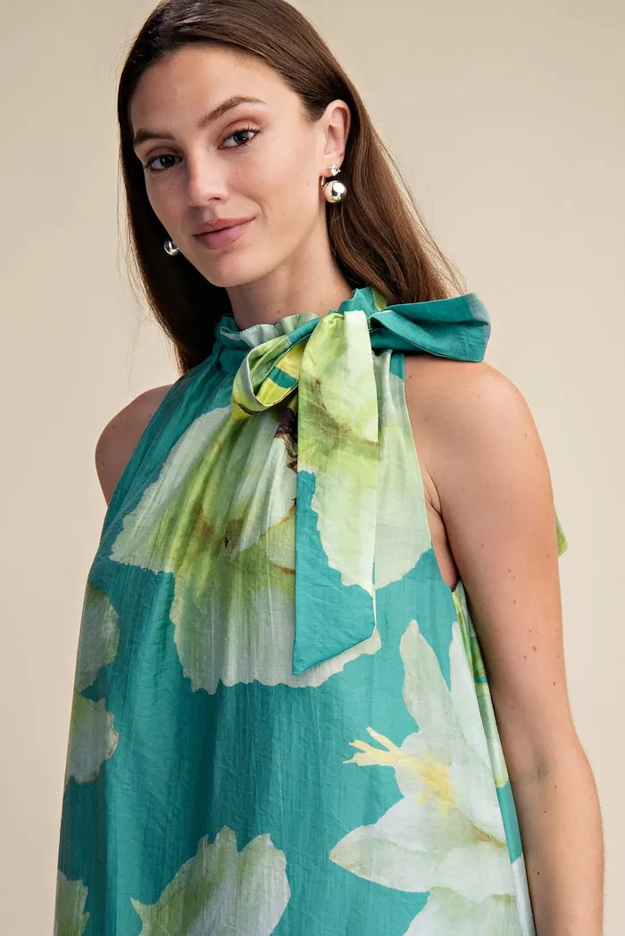 Glam Ruffle Neck Tie Floral Midi Dress