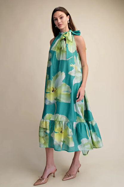 Glam Ruffle Neck Tie Floral Midi Dress