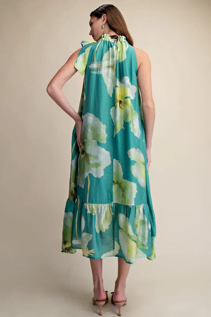 Glam Ruffle Neck Tie Floral Midi Dress