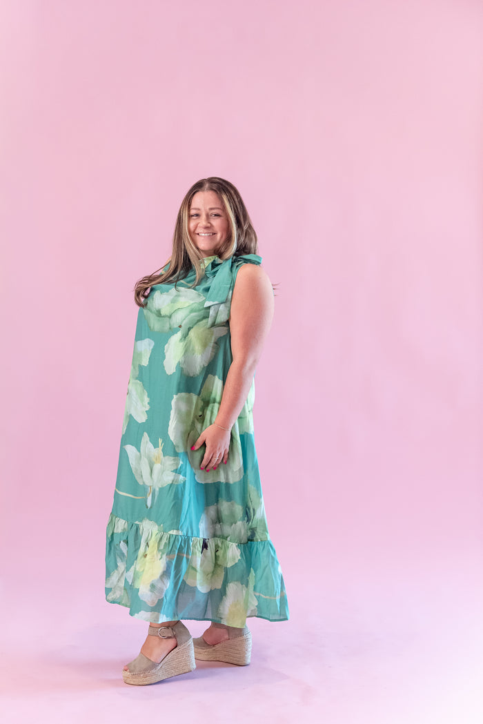Glam Ruffle Neck Tie Floral Midi Dress
