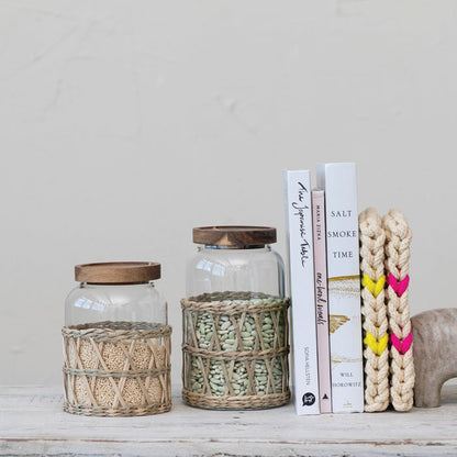 Glass Canister w/ Acacia Wood Lid & Woven Sleeve