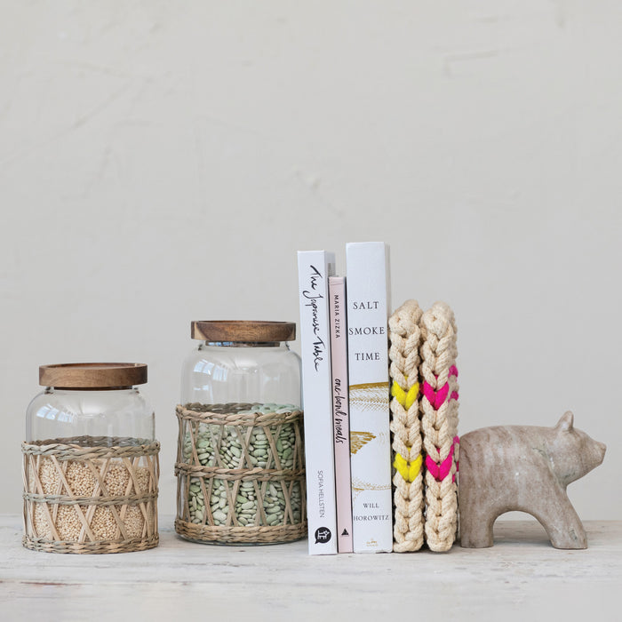 Glass Canister w/ Acacia Wood Lid & Woven Sleeve