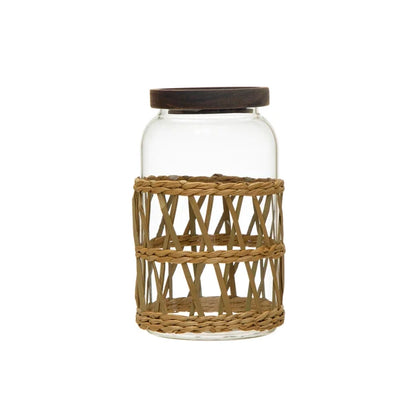 Glass Canister w/ Acacia Wood Lid & Woven Sleeve