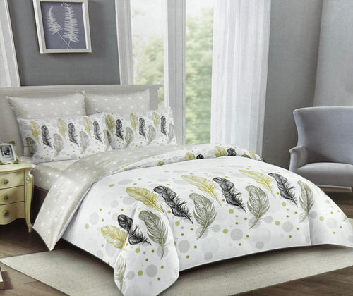 Green & Grey Feathers Duvet Set 5x6 - White