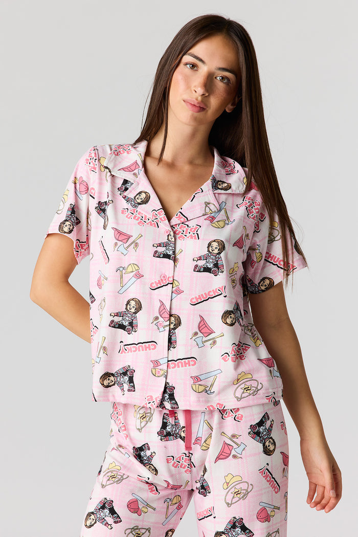 Halloween Printed Button-Up Top & Pajama Pant Set