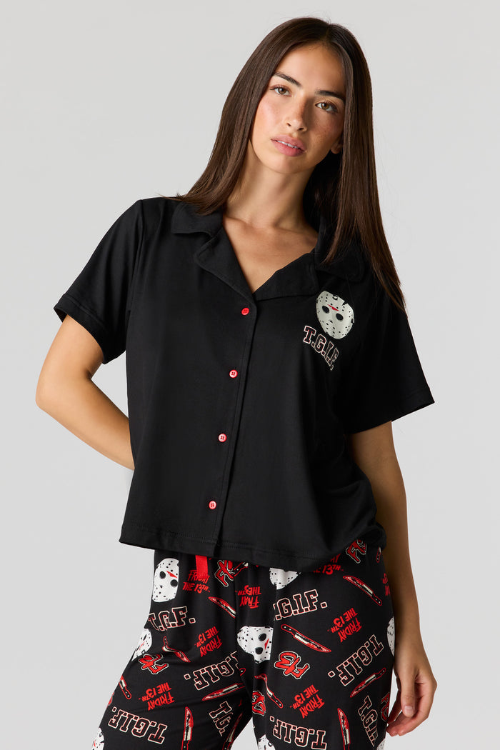 Halloween Printed Button-Up Top & Pajama Pant Set