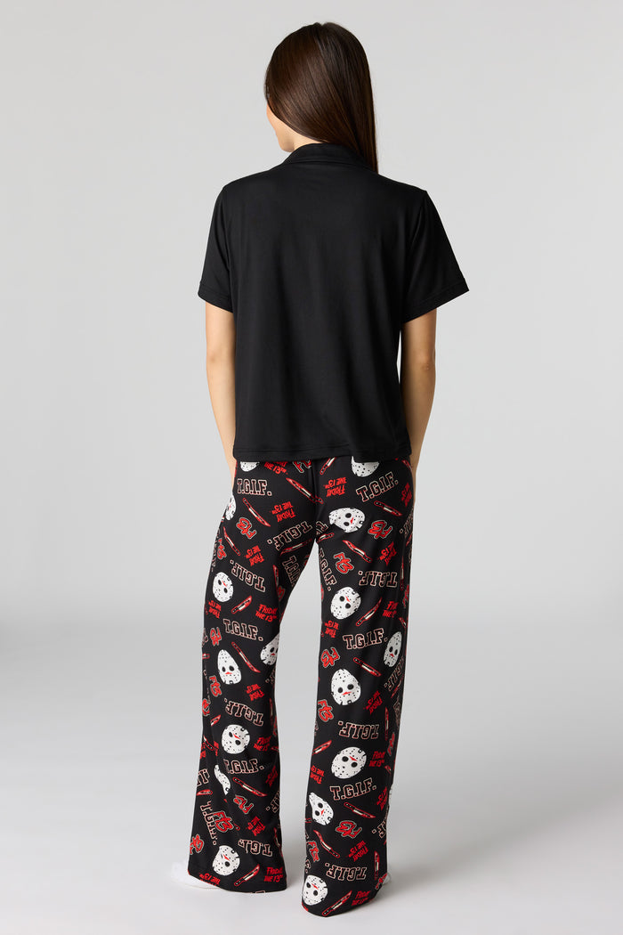 Halloween Printed Button-Up Top & Pajama Pant Set