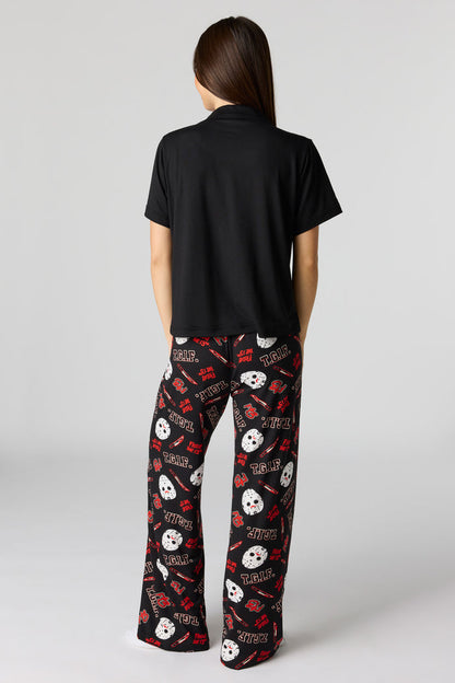 Halloween Printed Button-Up Top & Pajama Pant Set