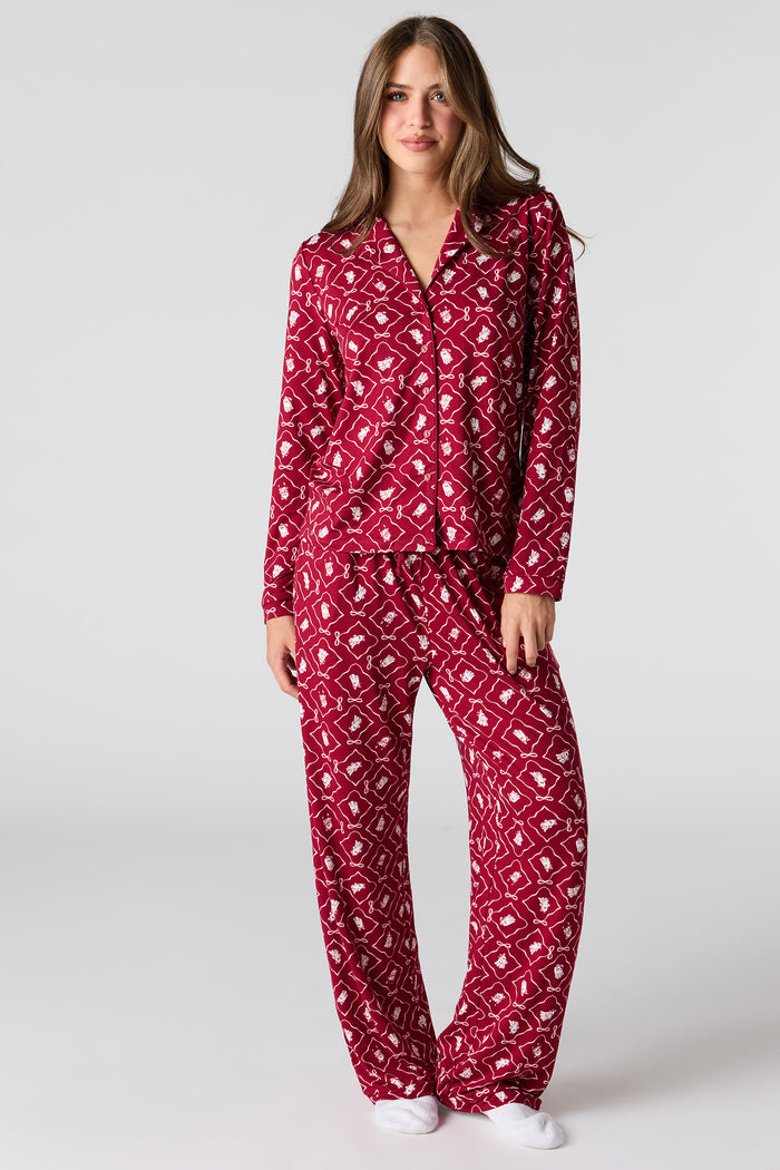 Halloween Printed Button-Up Top & Pant Pajama Set