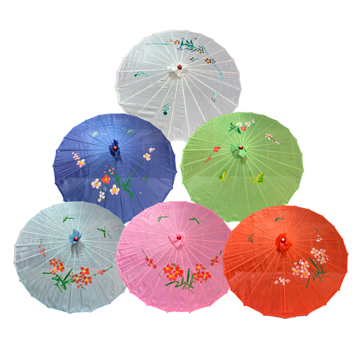 Set of six colorful umbrellas with floral designs on a white background