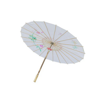 White parasol with floral designs on a white background