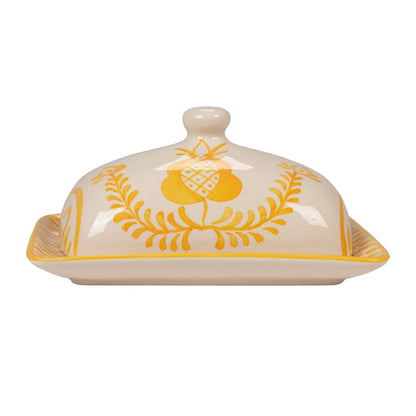 Hand-Painted Stoneware Butter Dish with Botanical Design