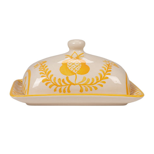 Hand-Painted Stoneware Butter Dish with Botanical Design