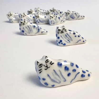Handcrafted blue leopard cat figurines, small set with whisker faces
